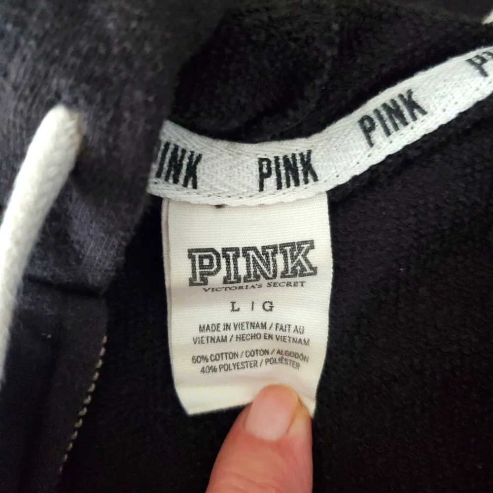 Victoria Secret PINK Womens L Black Fleece Full Zip Drawstring Hooded Jacket - Picture 7 of 9